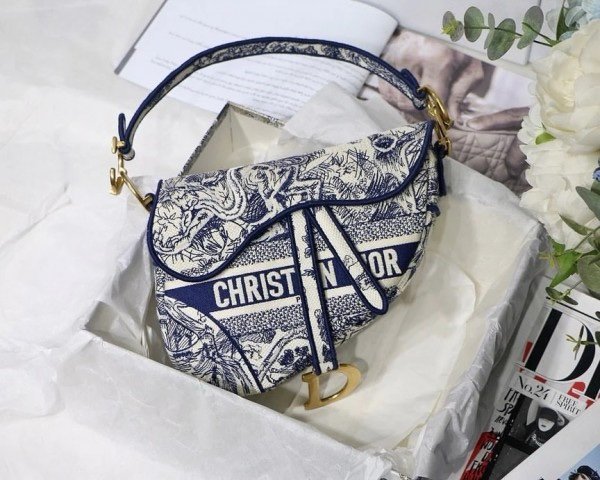 Dior Saddle Blue Toile de Jouy Embroidery With OG Box & Dust Bag (Blue Tiger-1035) (BSB)