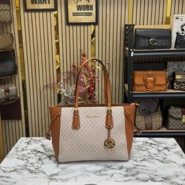 Michael Kors Voyager Leather Satchel Shoulder Bag With Dust Bag (19028_Beige_Brown)(LB)