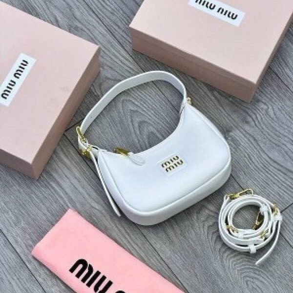 Miu Miu Leather Hobo armpit Bag With OG Box & Dust Bag (359 White)(LB)